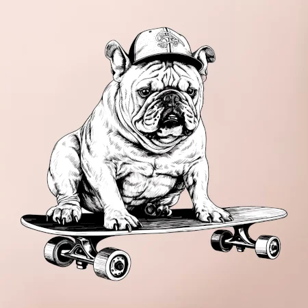 Čiernobiely buldog na skateboarde