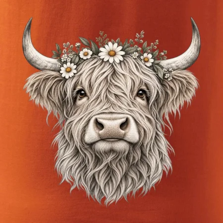 Highlandská krava s kvetinami