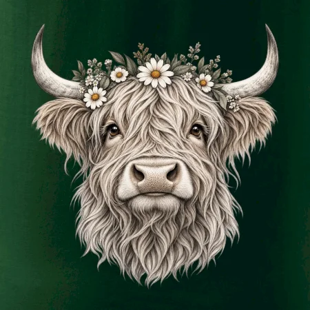 Highlandská krava s kvetinami