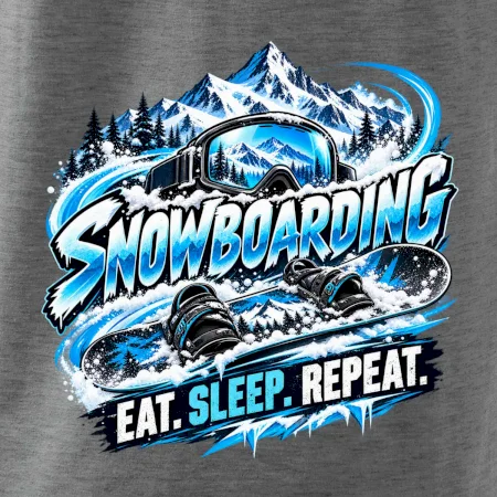 Snowboard s horským sněhem eat sleep repeat