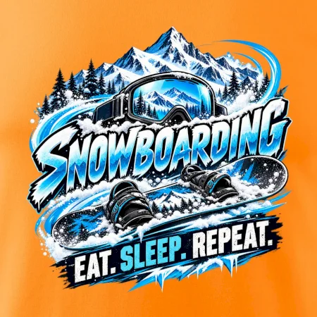 Snowboard s horským sněhem eat sleep repeat
