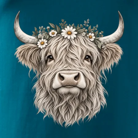 Highlandská krava s kvetinami