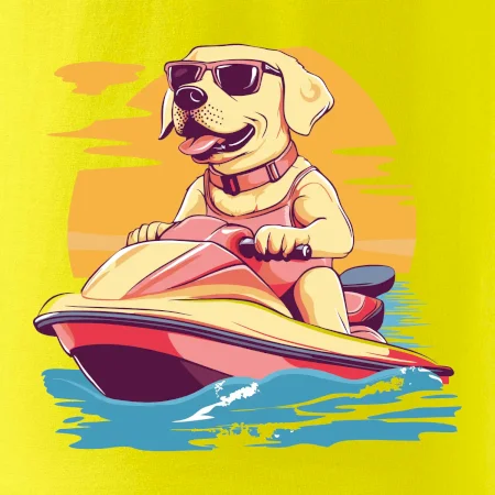 Zlatý retriever na vodnom skútri