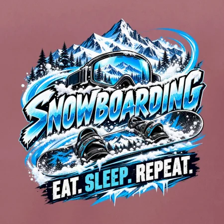 Snowboard s horským sněhem eat sleep repeat