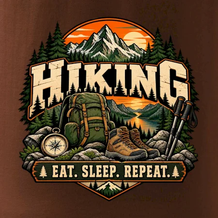 Turistický batoh v horách eat sleep repeat