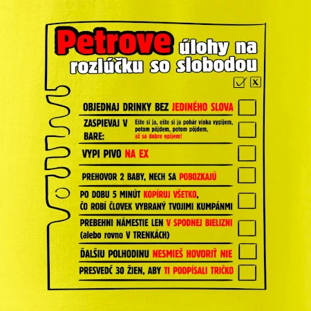 Tričko na rozlúčku s úlohami vpredu