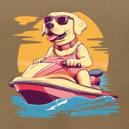 Zlatý retriever na vodnom skútri