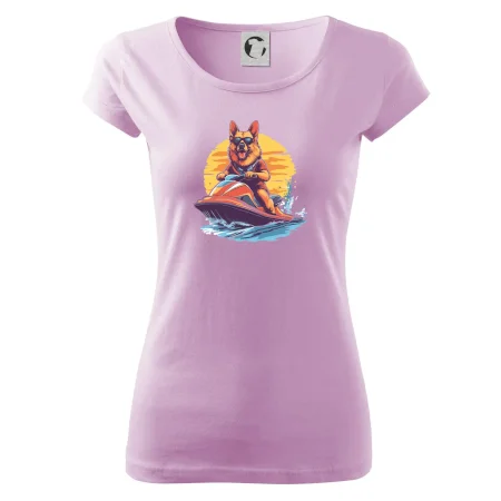 Nemecký ovčiak na vodnom skútri