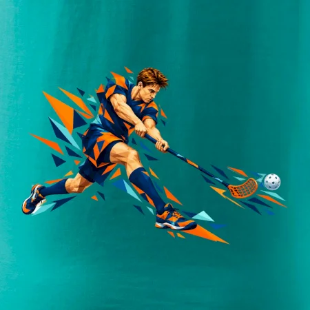 Florbalový útočník v oranžových polygonech