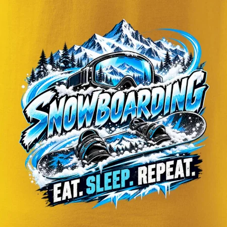 Snowboard s horským sněhem eat sleep repeat