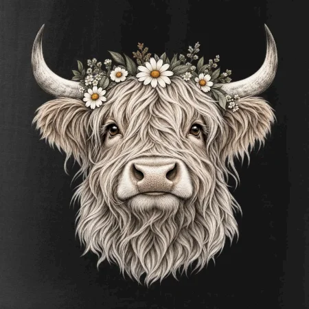 Highlandská krava s kvetinami