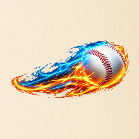 Letící baseballový míček v plamenech