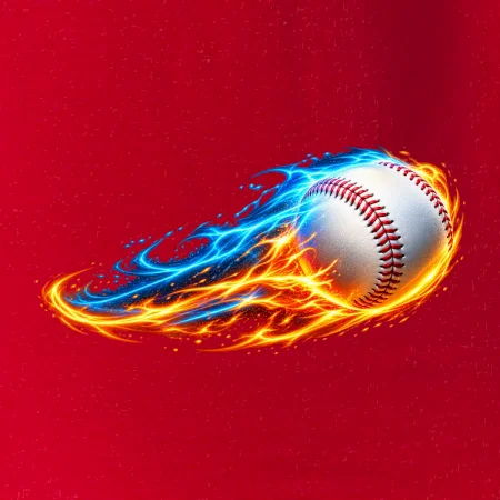 Letící baseballový míček v plamenech