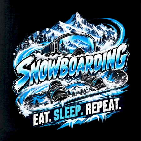 Snowboard s horským sněhem eat sleep repeat