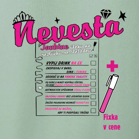 Tričko na rozlúčku s úlohami na chrbte + nápis nevesta