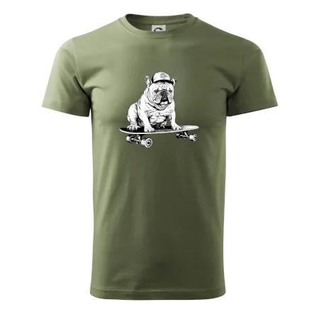 Čiernobiely buldog na skateboarde