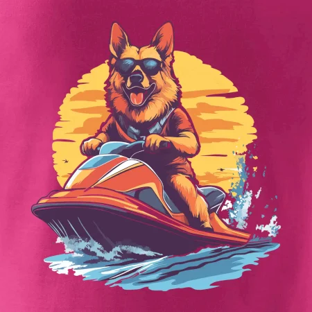 Nemecký ovčiak na vodnom skútri