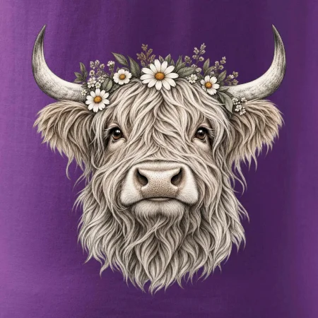 Highlandská krava s kvetinami
