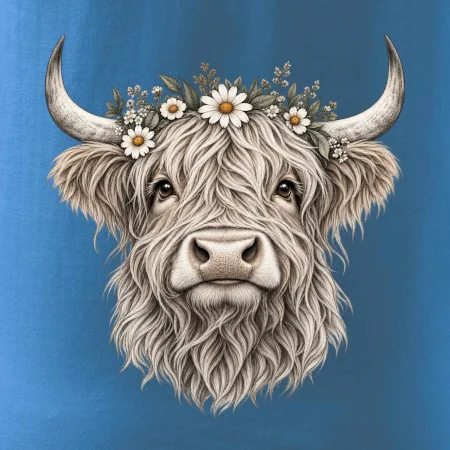 Highlandská krava s kvetinami