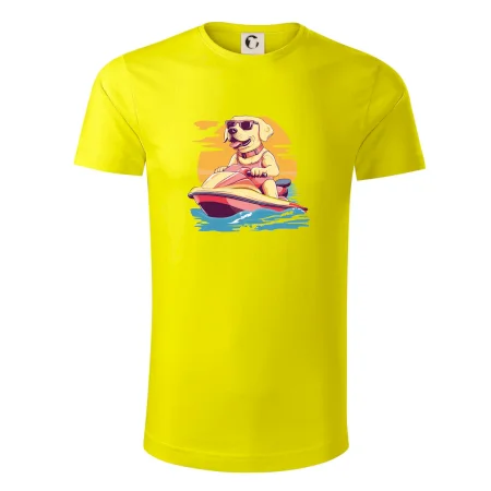 Zlatý retriever na vodnom skútri