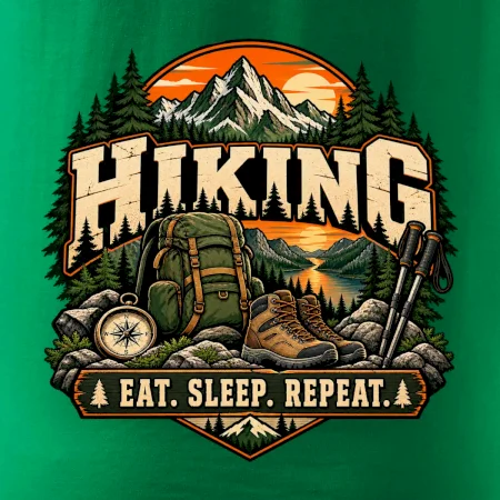 Turistický batoh v horách eat sleep repeat