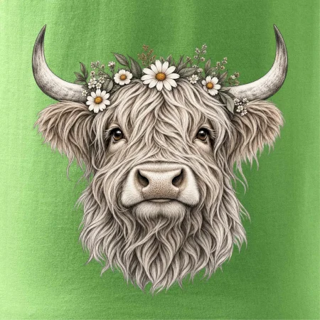 Highlandská krava s kvetinami