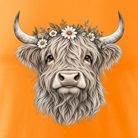 Highlandská krava s kvetinami
