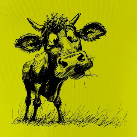 Čiernobiela karikatúra krava stojaca