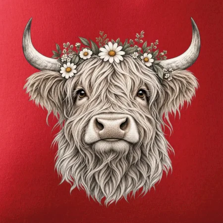 Highlandská krava s kvetinami