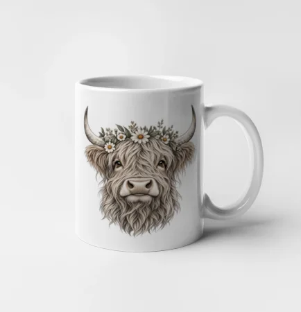 Highlandská krava s kvetinami