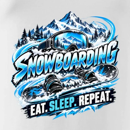 Snowboard s horským sněhem eat sleep repeat