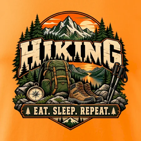 Turistický batoh v horách eat sleep repeat