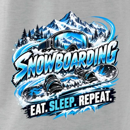 Snowboard s horským sněhem eat sleep repeat