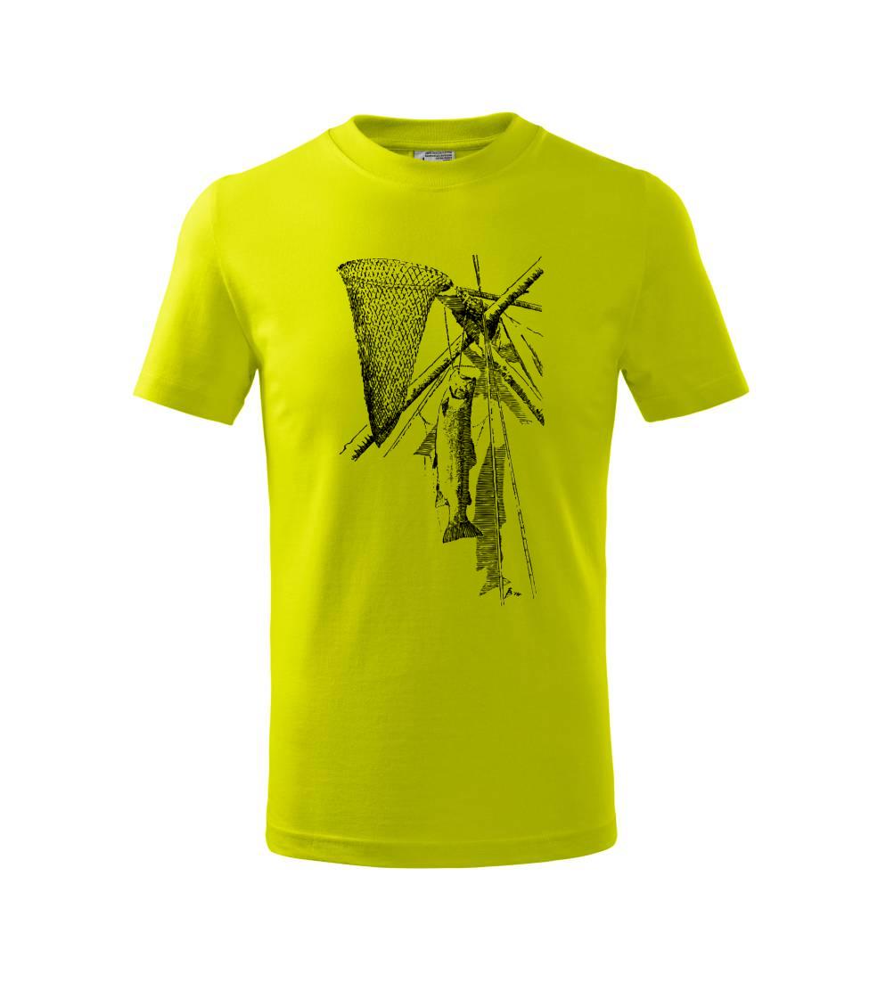 Kreslený podberák a chytená ryba