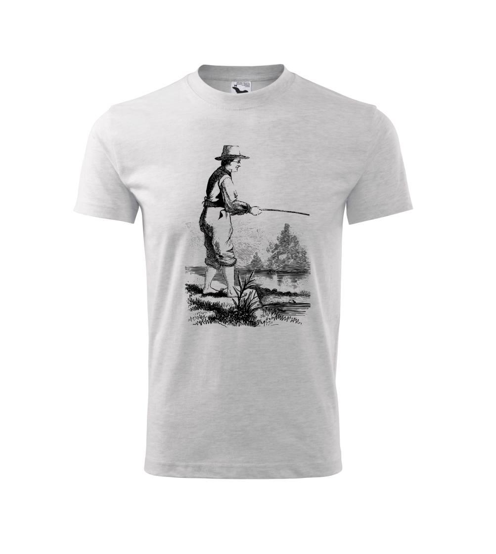 Kreslený rybár s vytiahnutými nohavicami