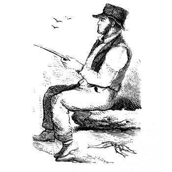 Kreslený pán s klobúkom na rybách