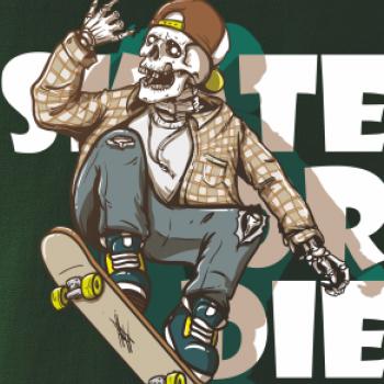 Skull riding skateboard