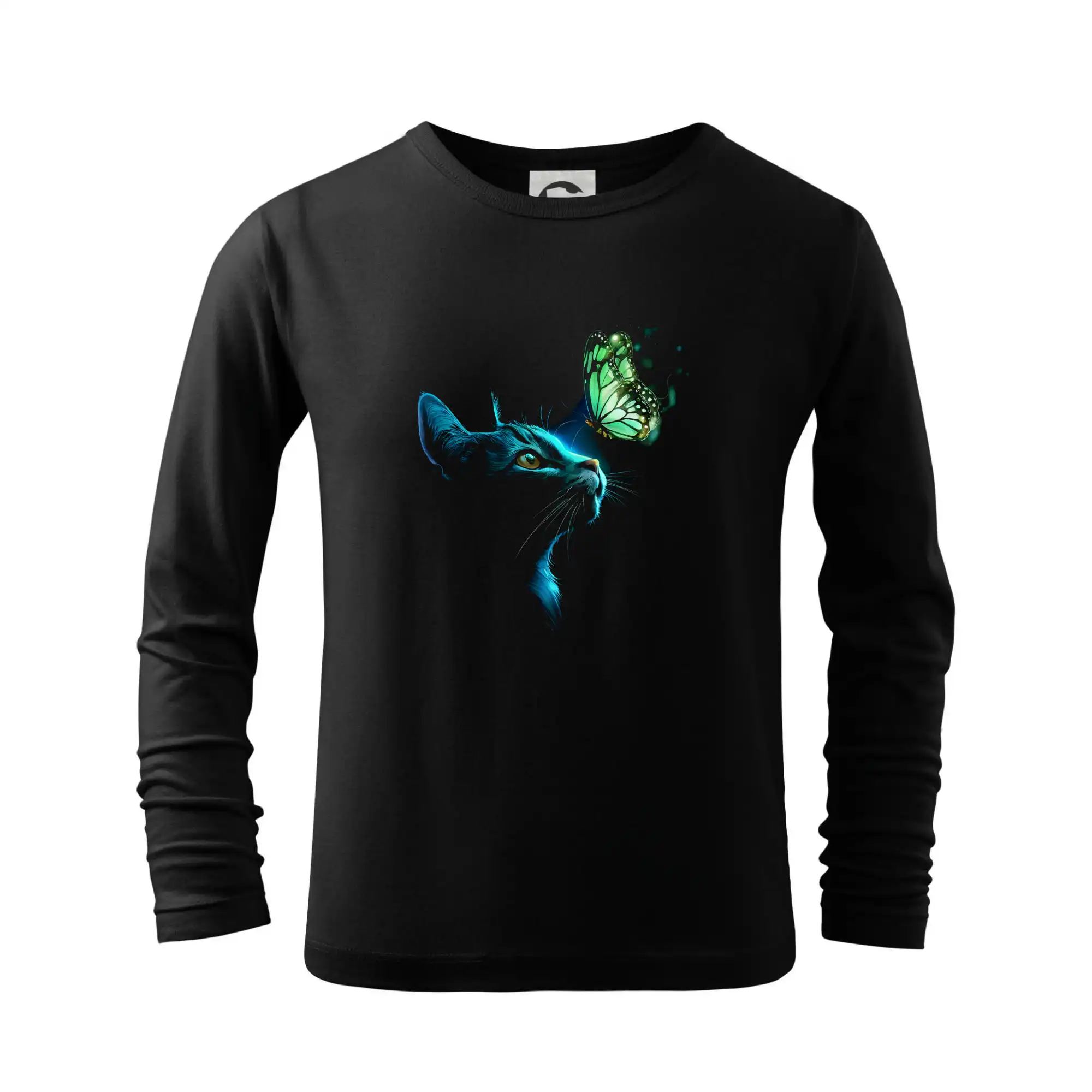 Vtipná tričká s mačkou - Mačka v tme a motýľ - Tričko detské Long Sleeve