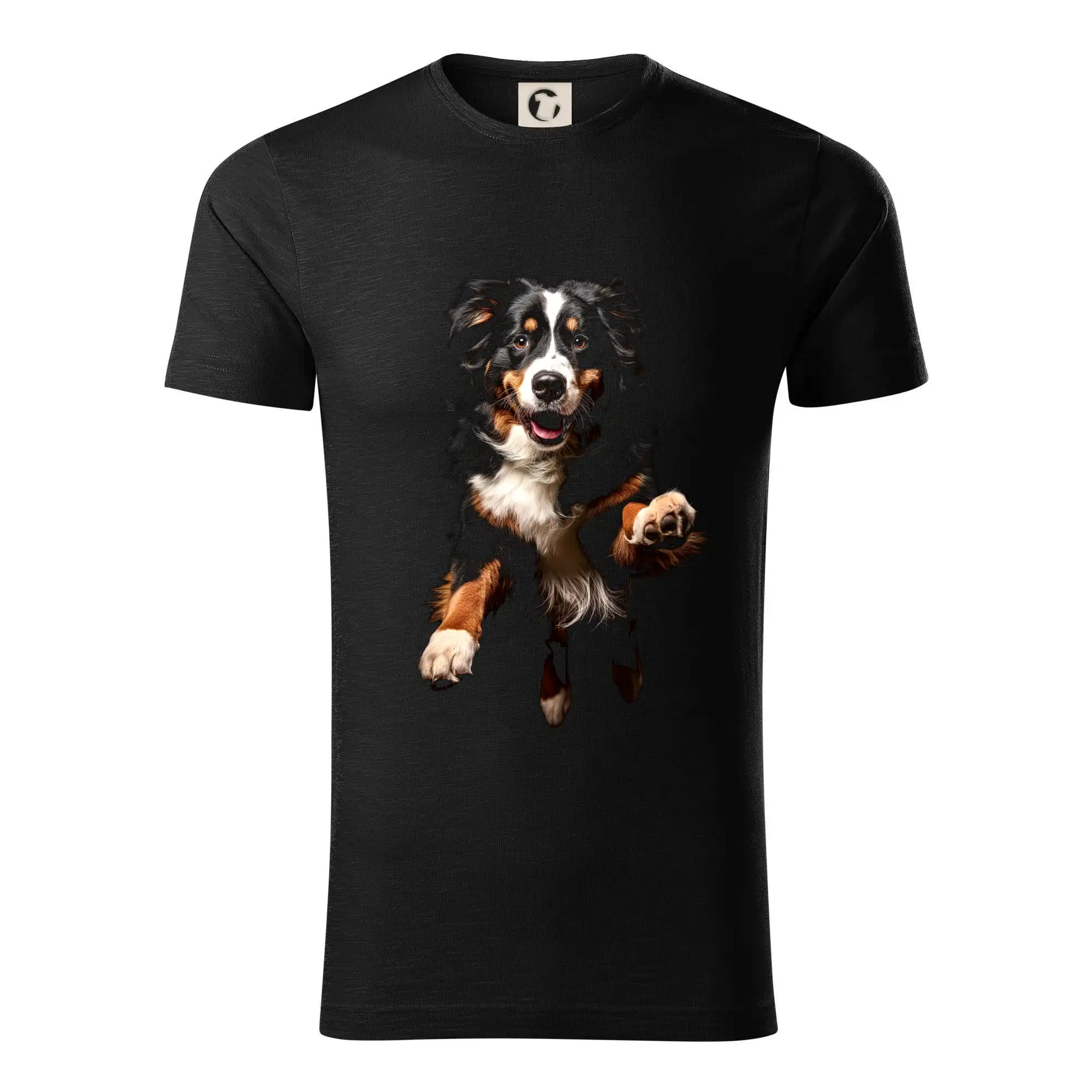 Bernský salašnícky pes na tričku - Bernský salašnícky pes skakajúci čierna fotka - Tričko z organickej bavlny