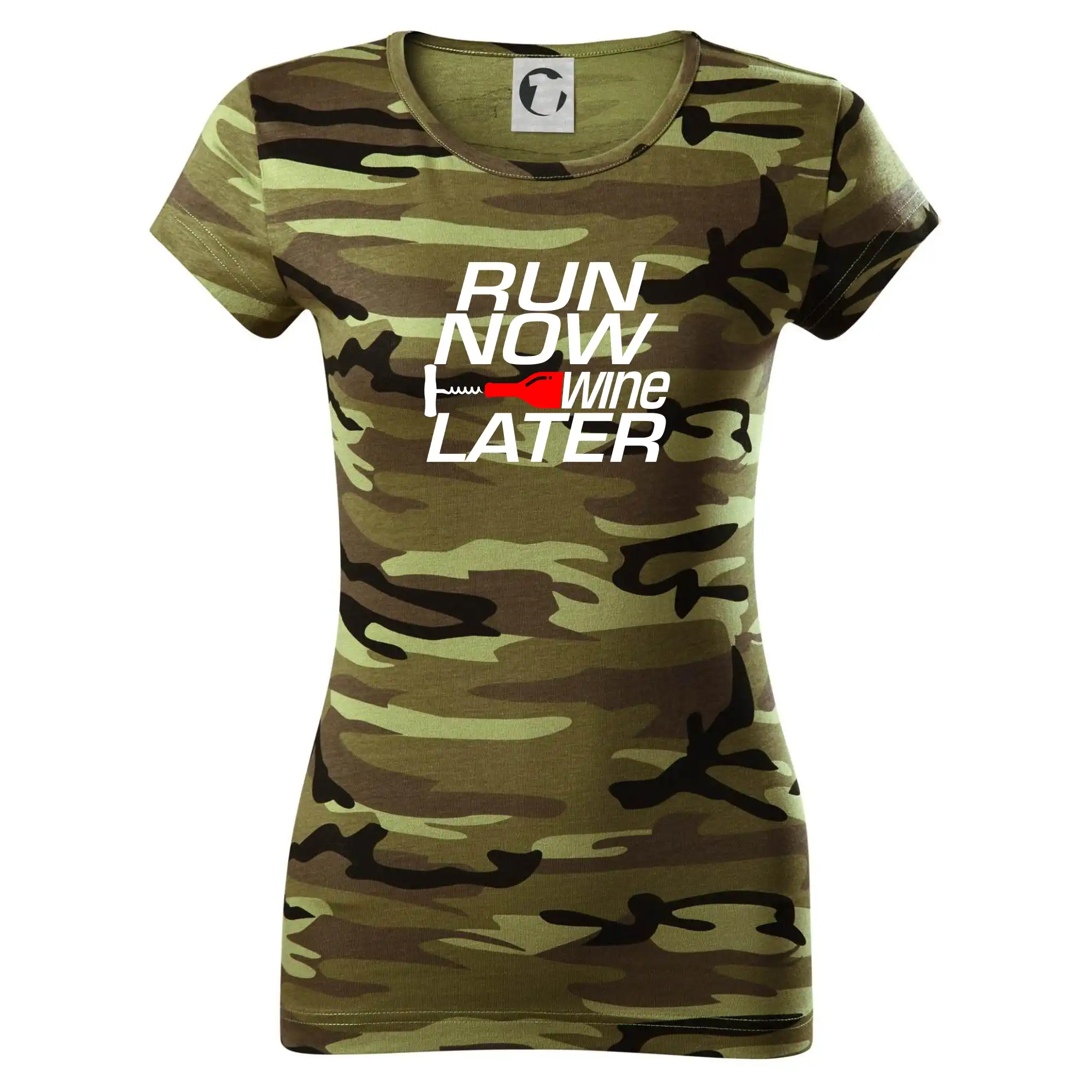 Tričká pre bežcov - Run now Wine later - Dámske maskáčové tričko