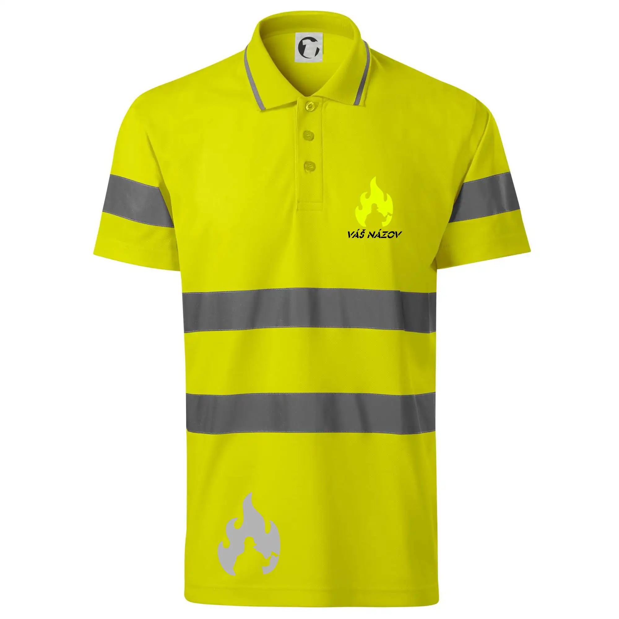 Originálne tričká pre hasičov - Hasiči - oheň - Váš názov - Prsník + chrbát - HV Runway 2V9 - Reflexné polokošeľa