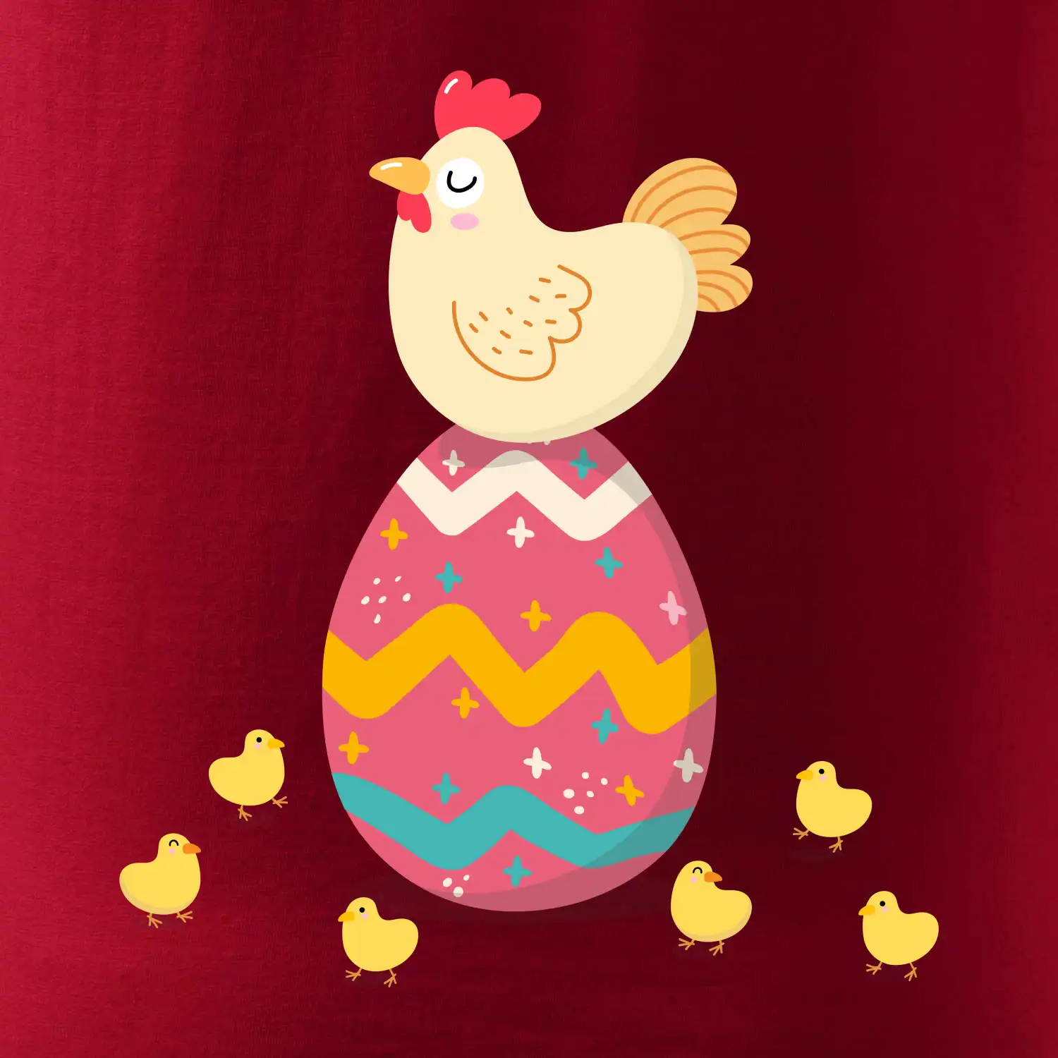 Slepice sedící na velikonočním vejci