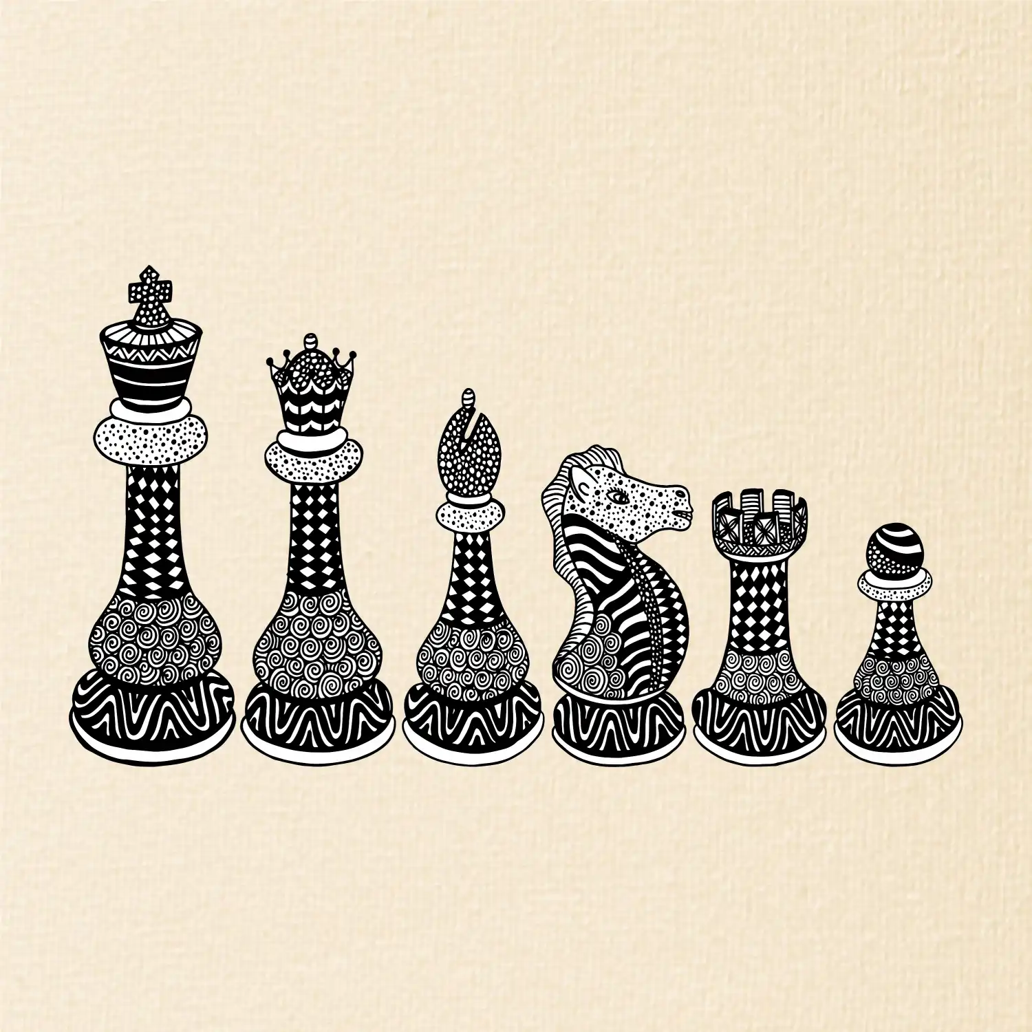 Šachové figurky v řadě - kreslené