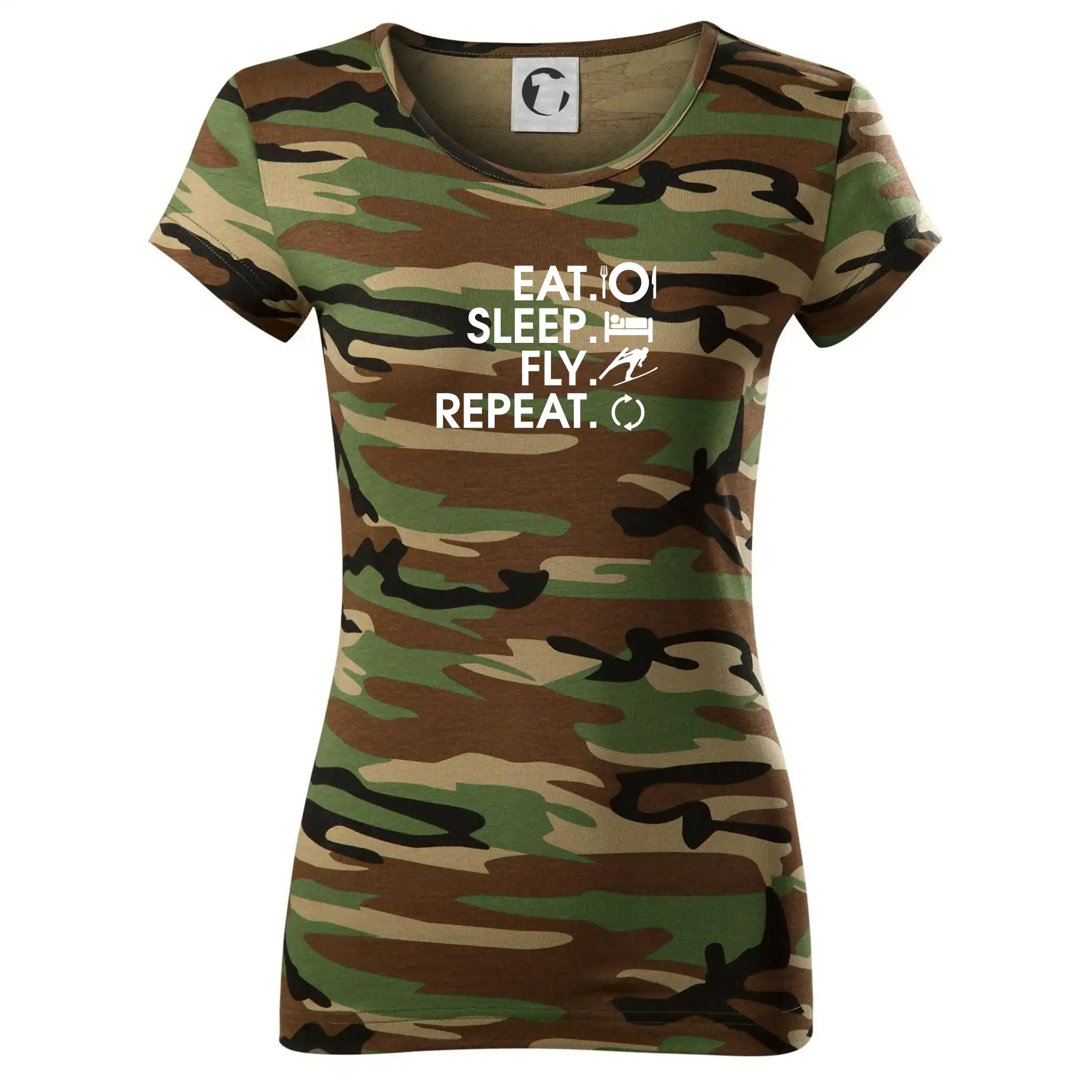 Lyže a Snowboard - Eat sleep fly repeat - skoky na lyžiach - Dámske maskáčové tričko