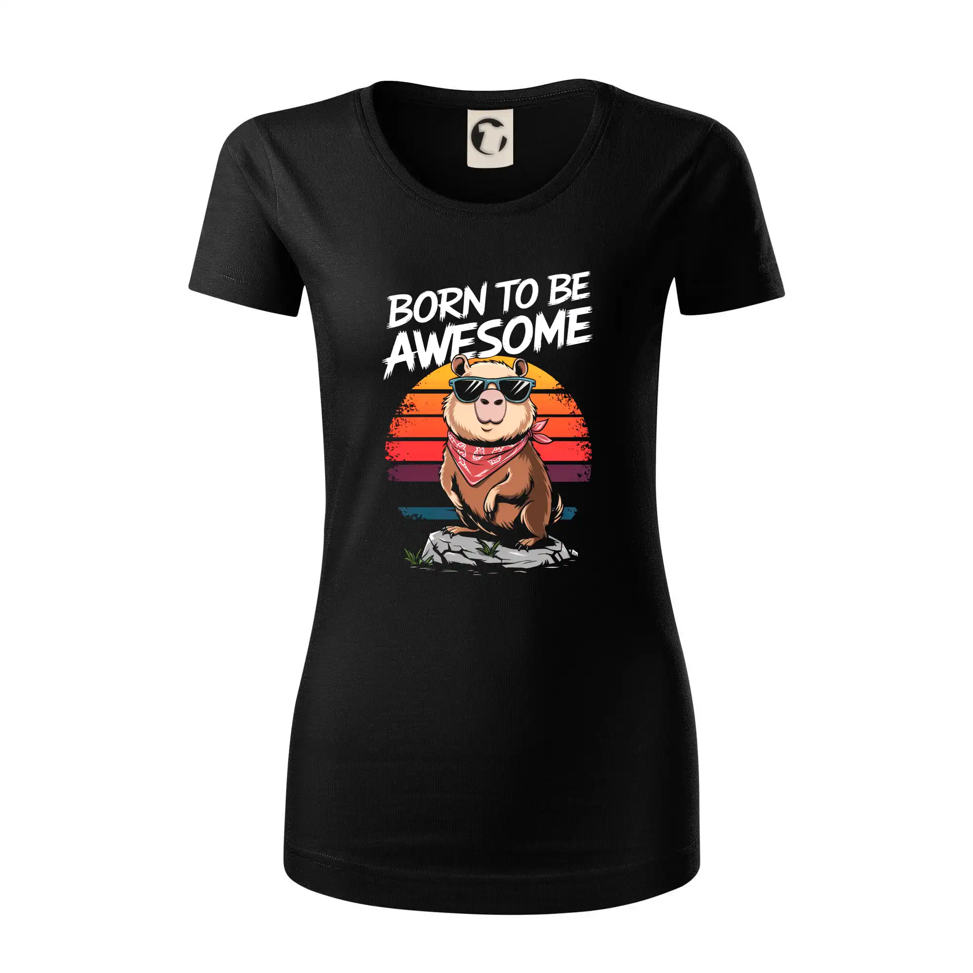 Tričká so zvieratami - Capybara born be awesome nápis hore - Dámske tričko z organickej bavlny Origin (GOTS)