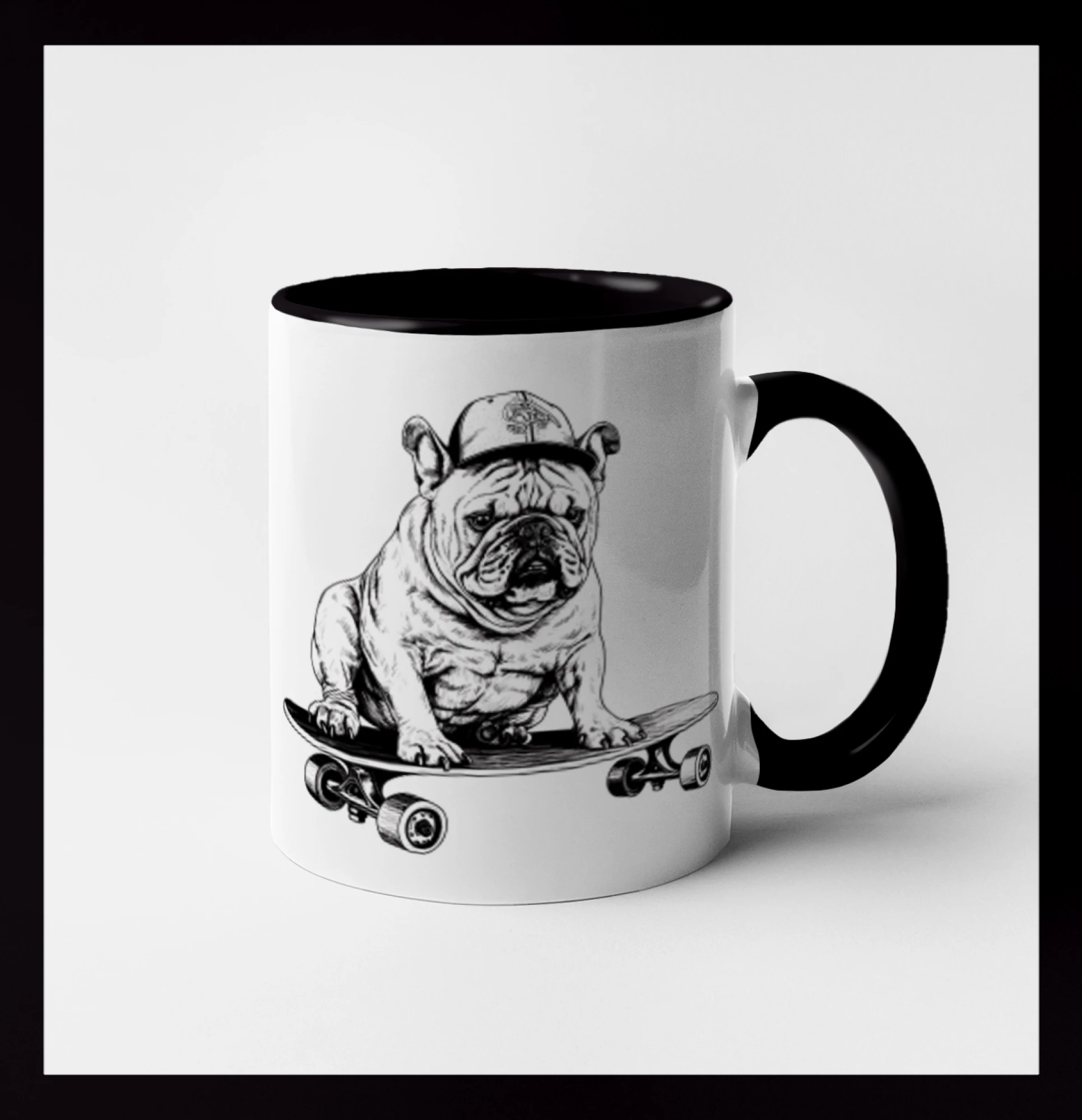 Černobílý buldok na skateboardu