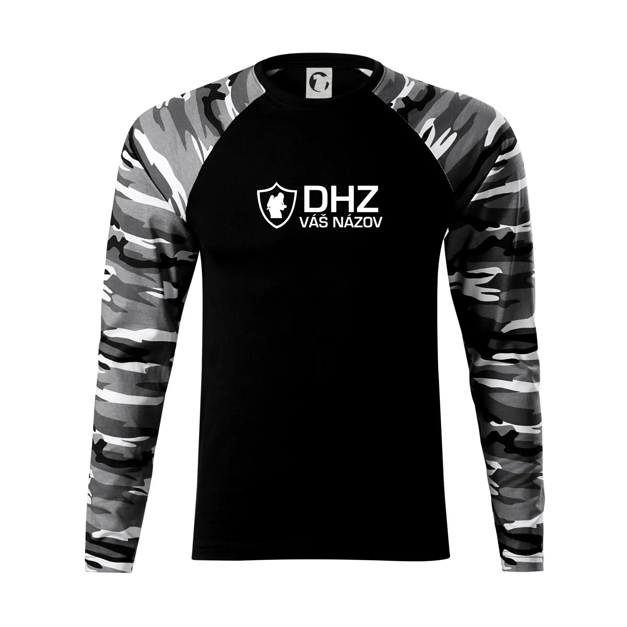 Originálne tričká pre hasičov - DHZ emblem - vlastný nápis - Camouflage LS