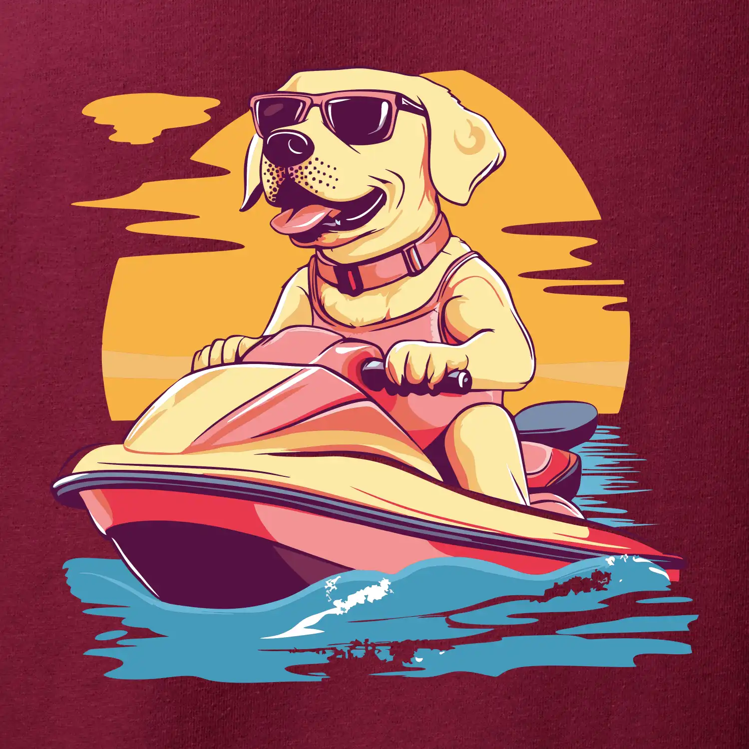 Zlatý retrívr na vodním skútru