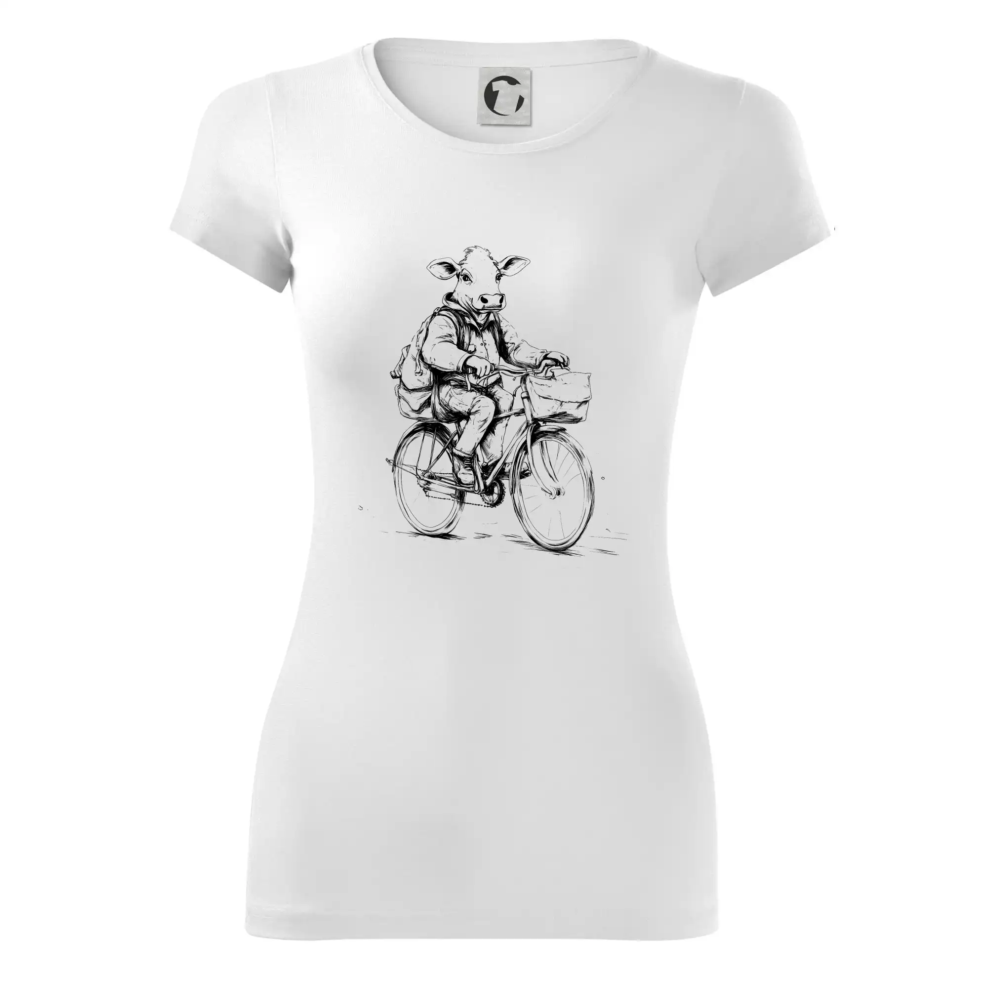 Kráva v obleku na kole