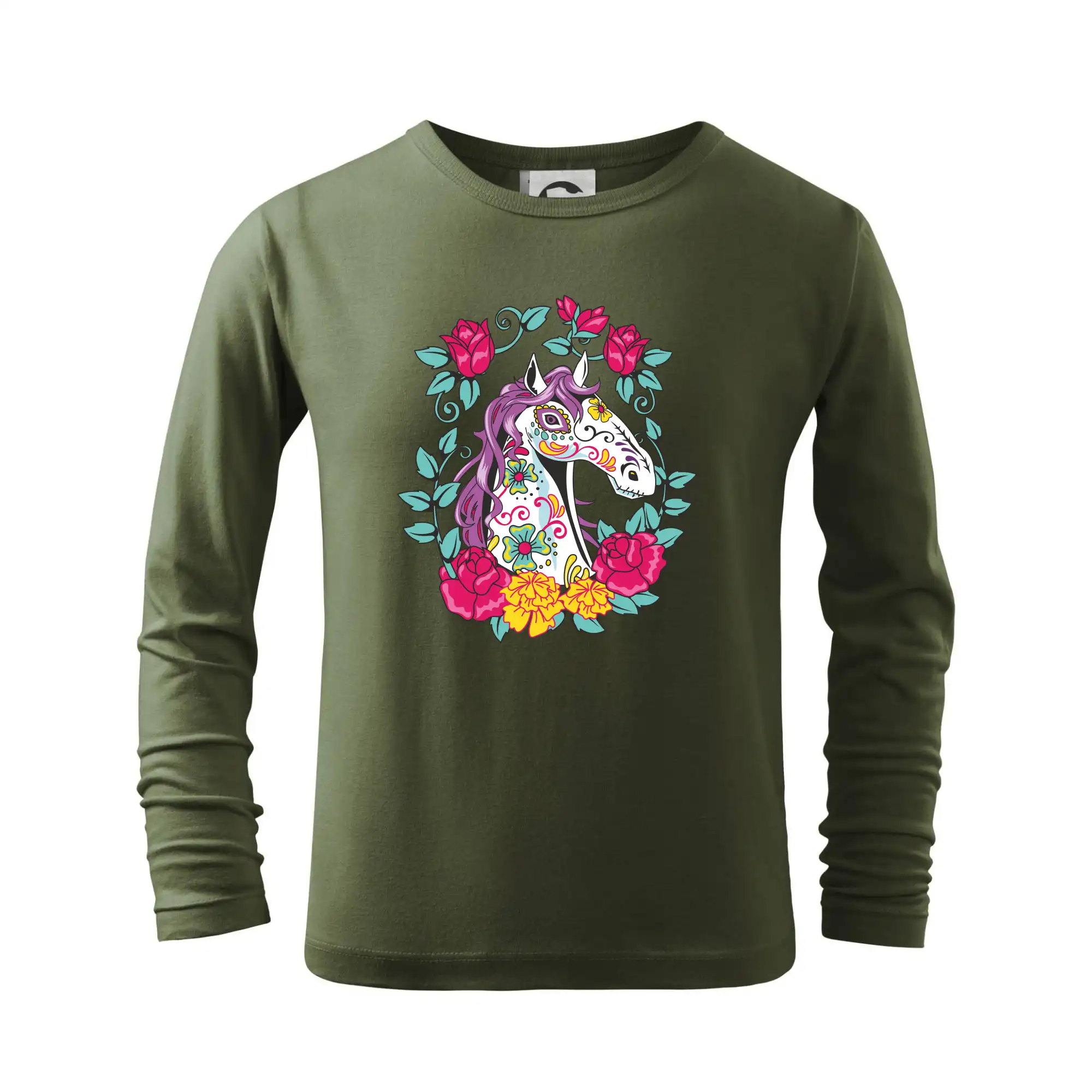 Tričká s koňmi - Kôň farebný s kvetinami - Tričko detské Long Sleeve